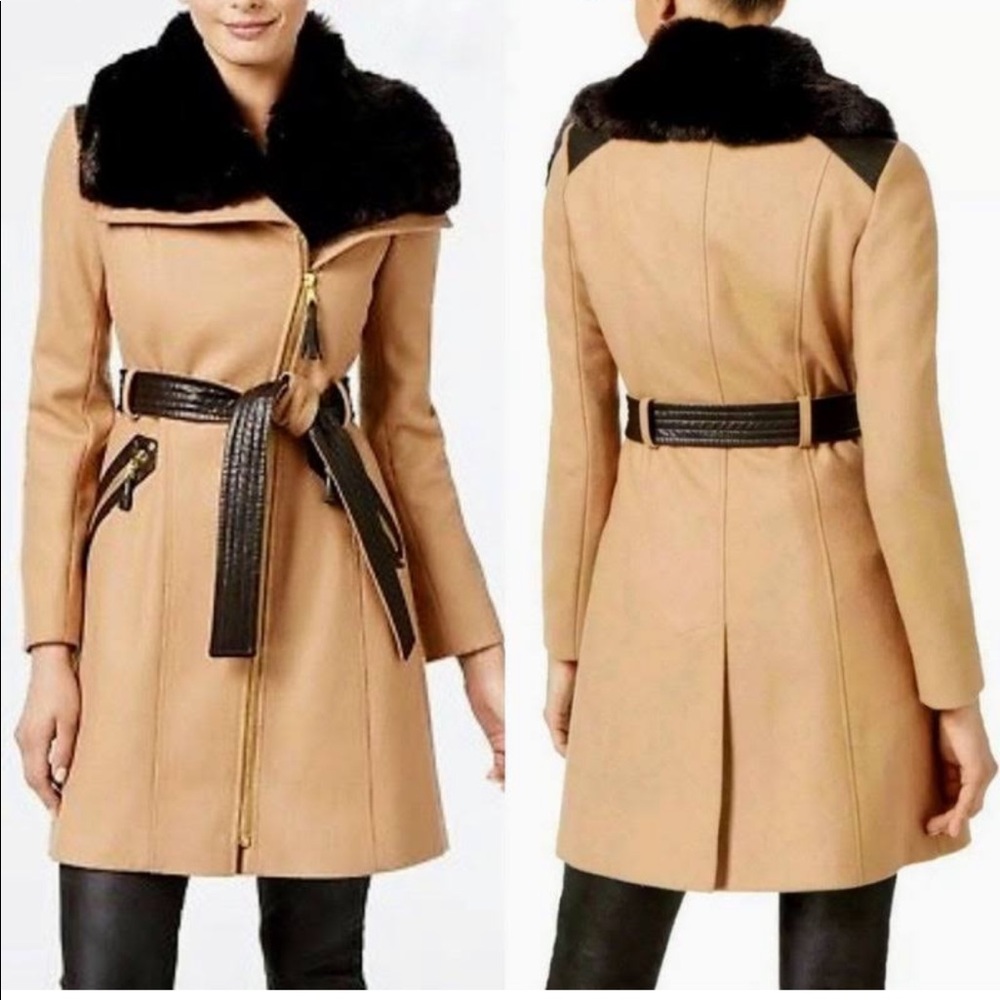 Via Spiga Wool Coat Jacket Faux Fur Collar